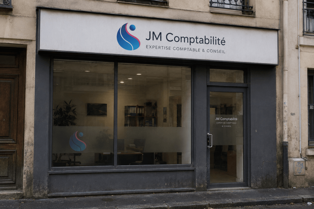28957 Storefront of JM Comptabilité accounting office with large sign and glass windows revealing a desk and office inside