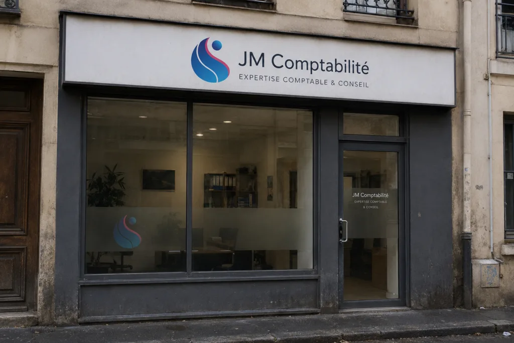 Storefront of JM Comptabilité accounting office with large sign and glass windows revealing a desk and office inside